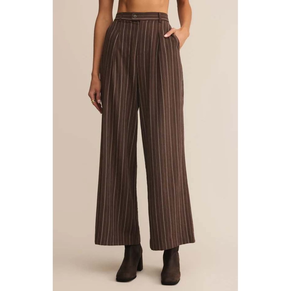Z Supply Alma Pinstripe Wide Leg Pant Pleated High Waist Chocolate Cherry Size S